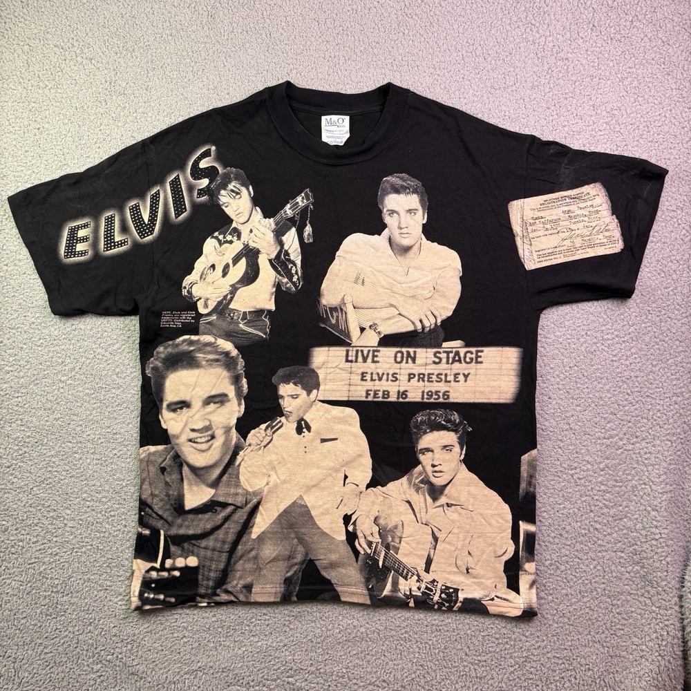 VTG Elvis Presley T Shirt Mens Large AOP All Over Graphic M&O Heavyweight 90s